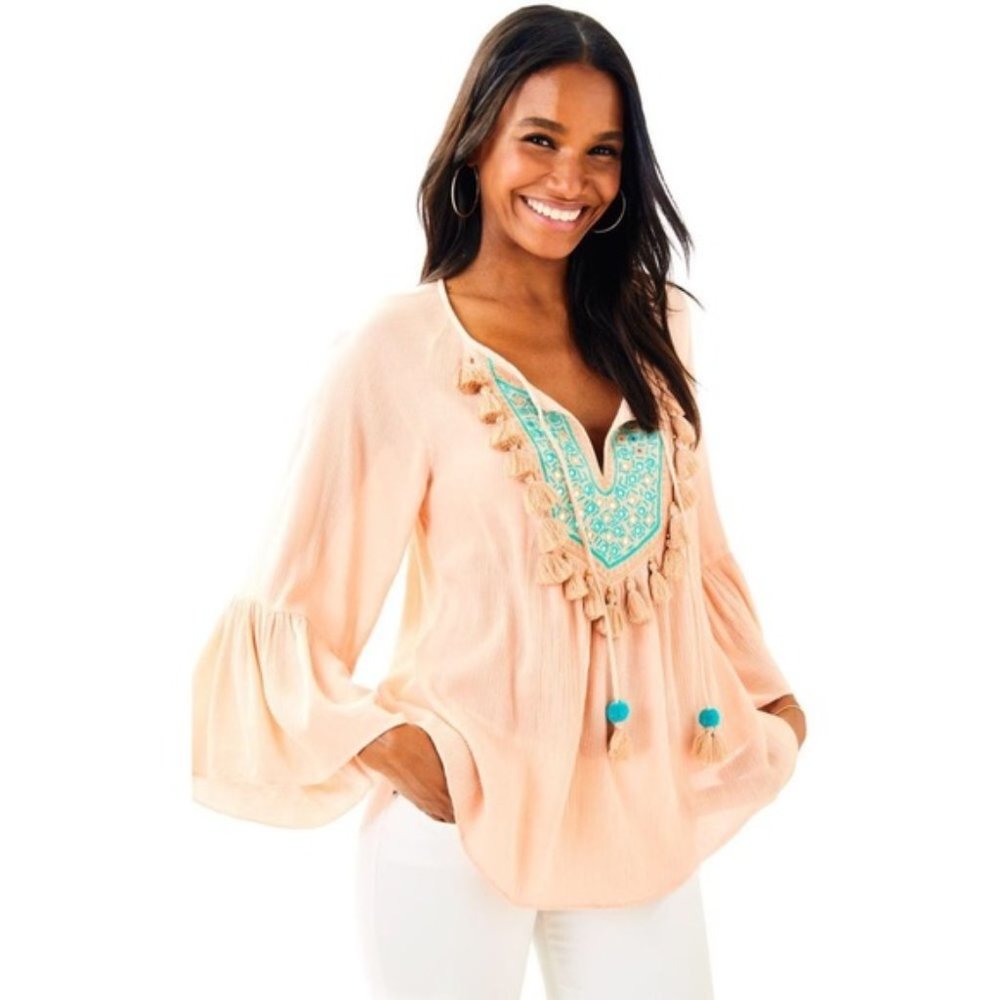 Lilly Pulitzer Shandy Tunic Top Peach Turquoise Embroidered
